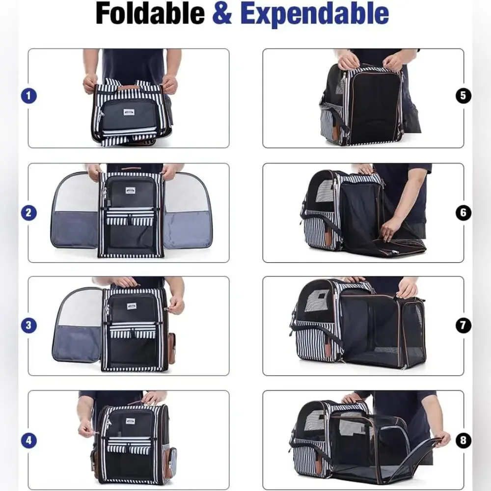 Striped Navy & White Expandable Pet Carrier Travel Bag by